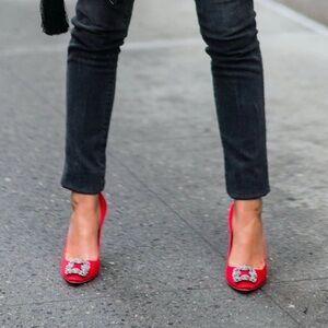 Manolo Blahnik Hangisi Red Heels with Embellishment 7.5